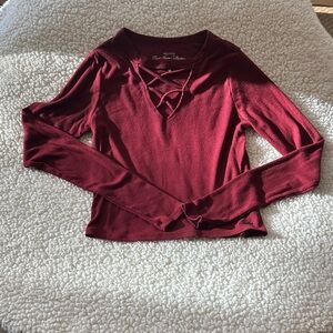 Hollister Wine Red Crisscross Ribbed Long Sleeve Tee